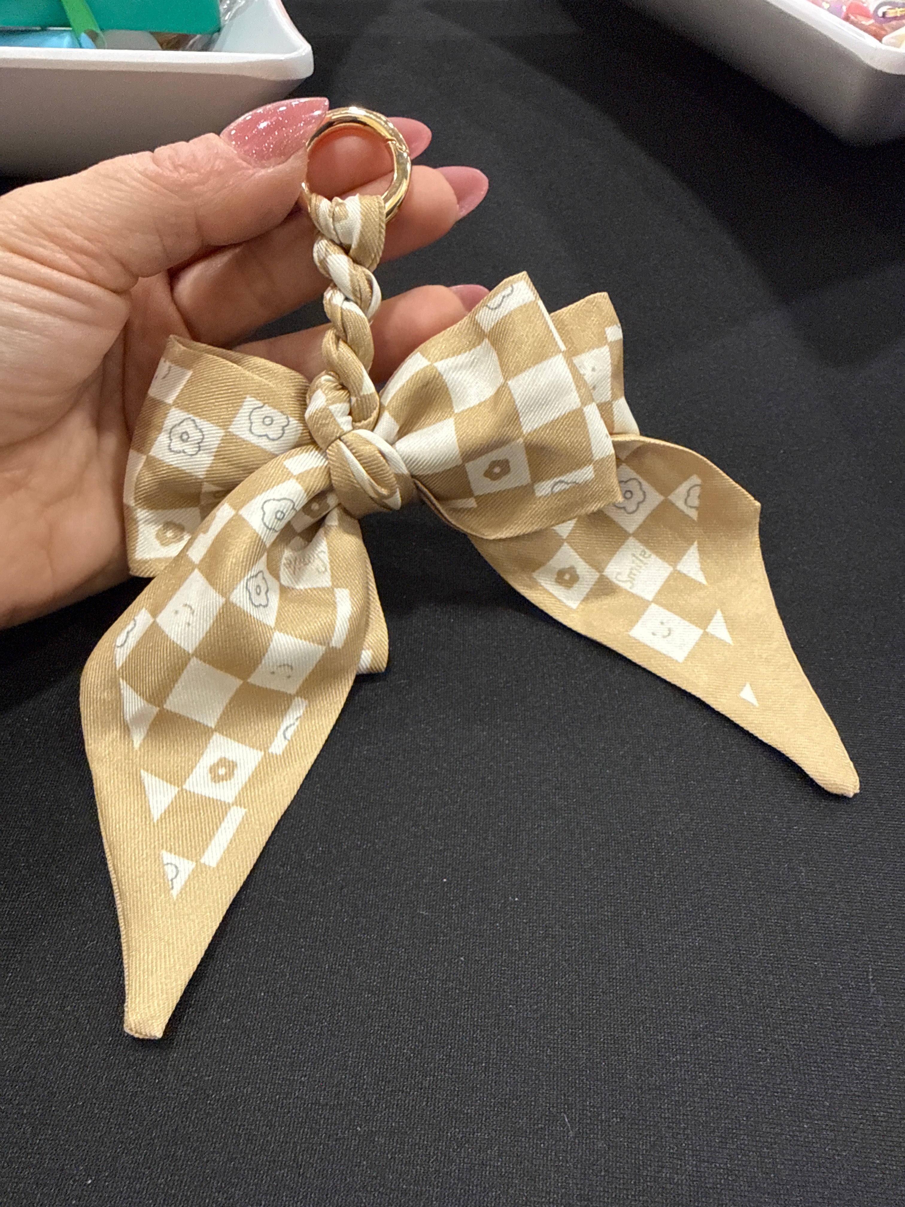 Taupe Checkered Bow Keychain