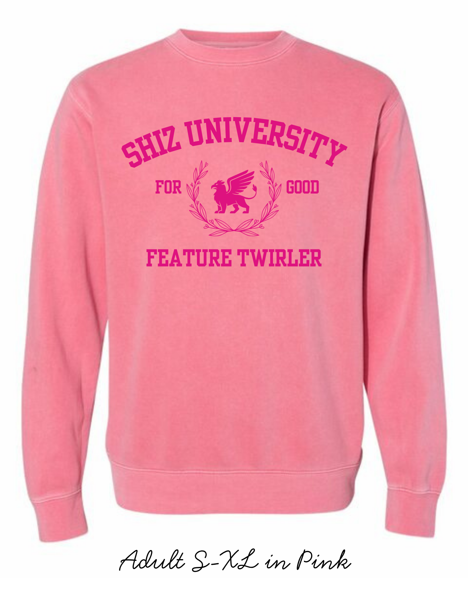 Pink sweatshirt with 'Shiz University' text and graphic on a white background