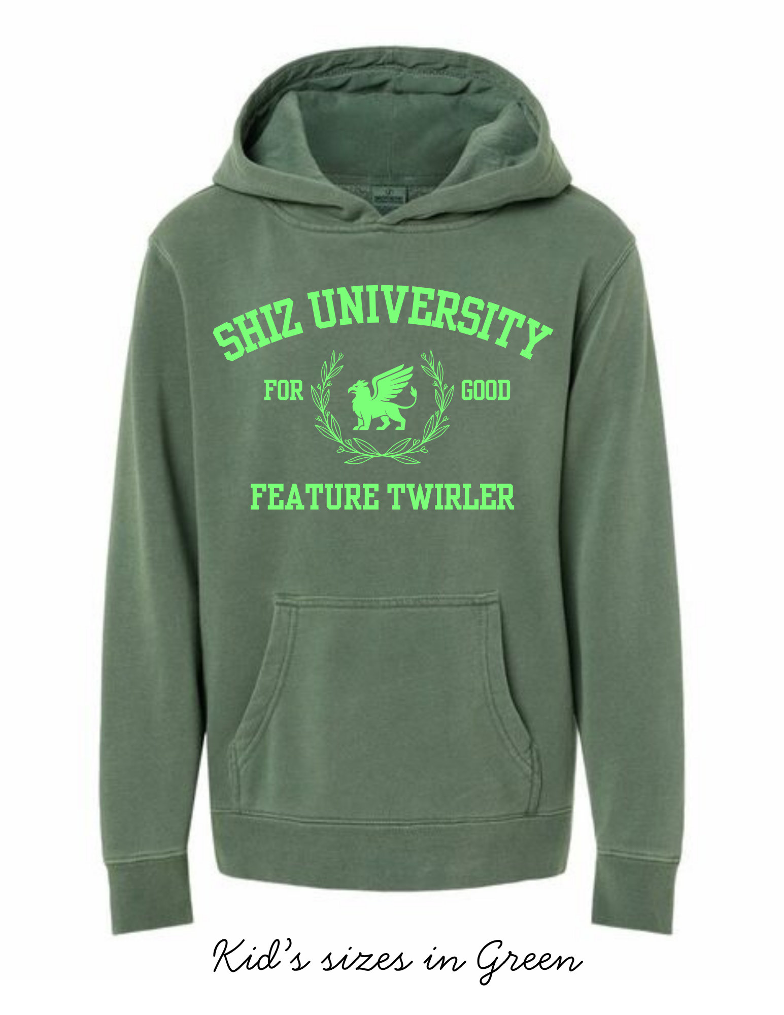 Green hoodie with 'Shiz University for Good Feature Twirler' text and design on a white background