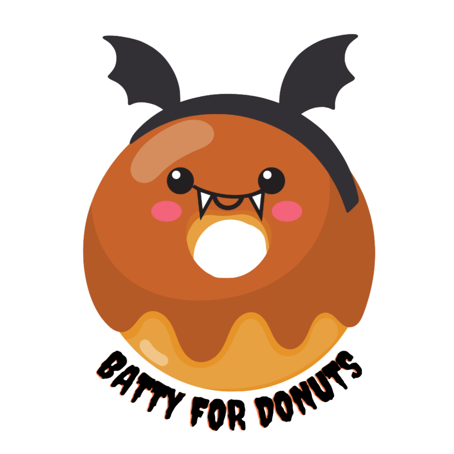 Cartoon donut with bat wings and vampire teeth on a white background