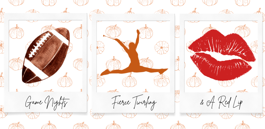 Three illustrated cards with football, dancer, and red lips on a pumpkin patterned background.