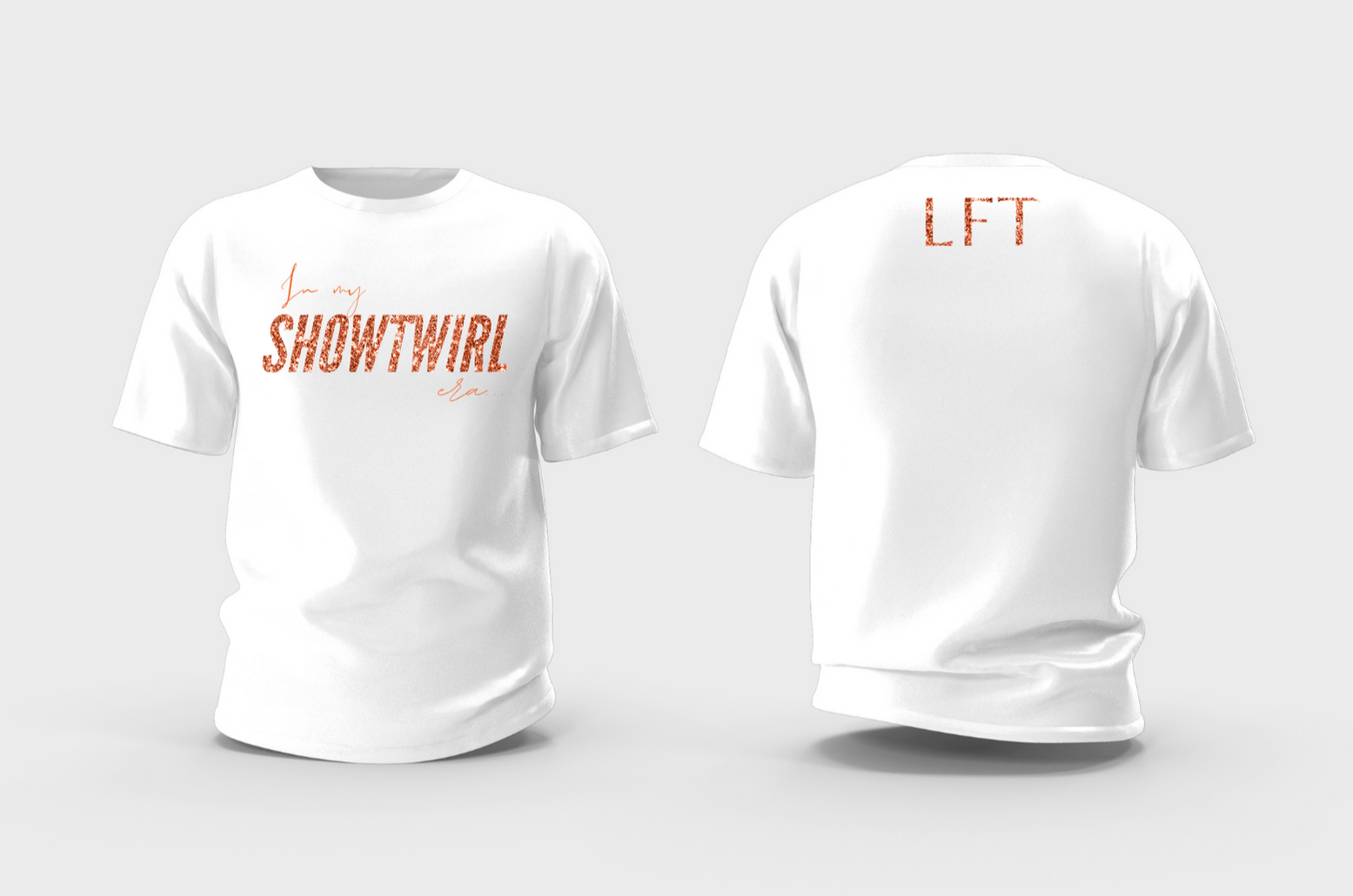 White t-shirt with orange glitter text on a white background