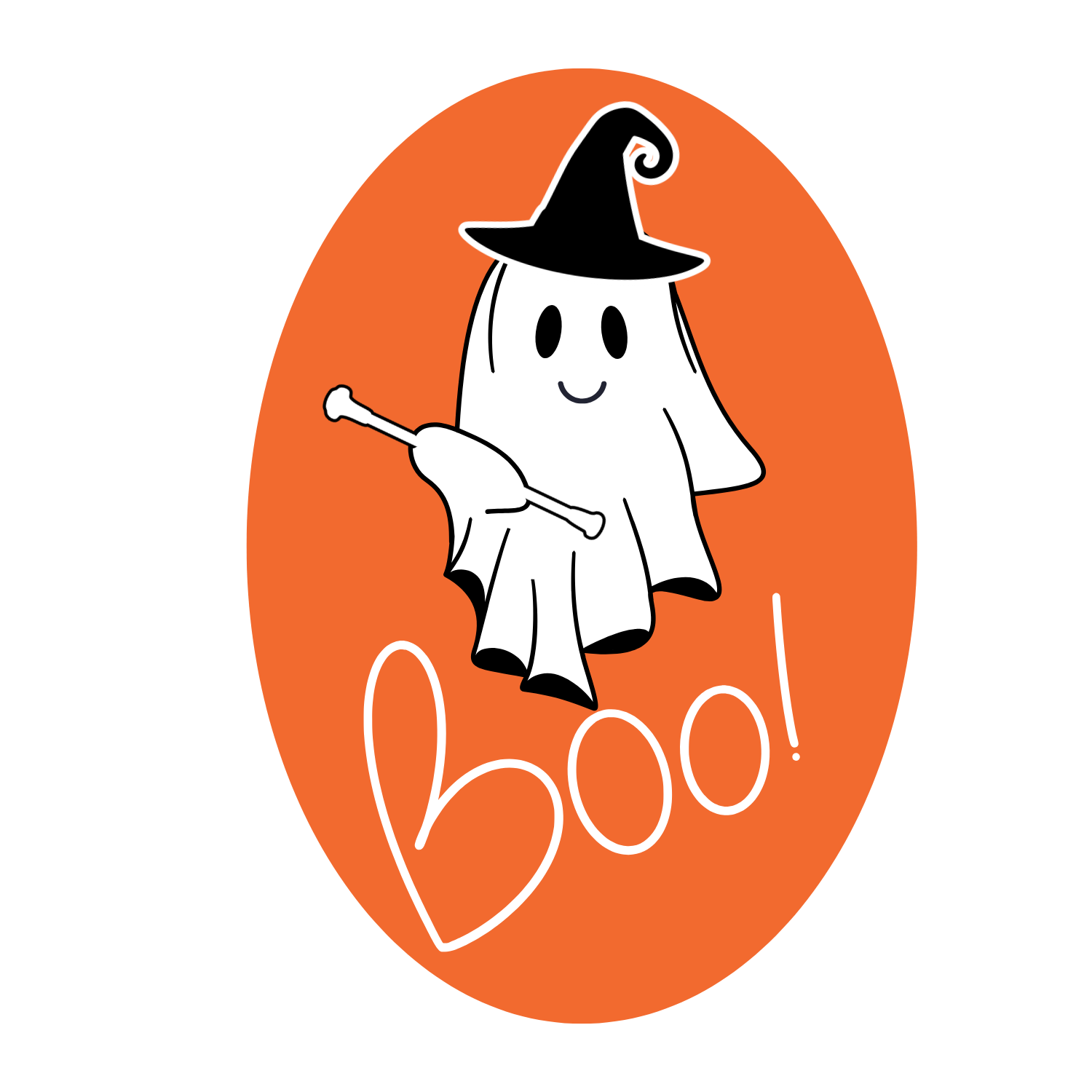 Halloween-themed graphic with a ghost wearing a witch hat and the word 'Boo!' on an orange background.